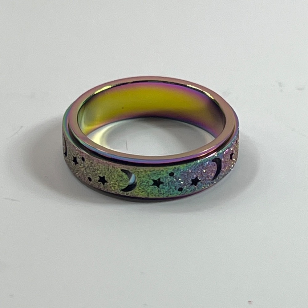 Size 8 Titanium Stainless Steel Rainbow Moon Star Anxiety Fidget Spinner Ring - Picture 4 of 5
